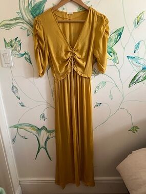 Oysho Women’s Mustard Yellow Ruched Maxi Dress